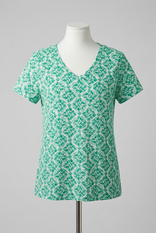 Women's T-Shirt Weird Fish Green & White Beach Glass Geometric Print V-Neck Short Sleeve Size 16 Very Good Condition