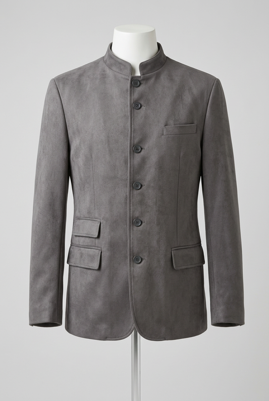 Men's Blazer Jacket Charcoal Grey Faux Suede Band Collar Size Unknown Very Good Condition