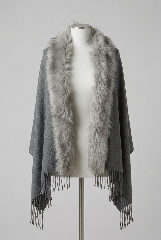 Women's Wrap Quiz Dark Grey Faux Fur Trim Open Front Fringed One Size