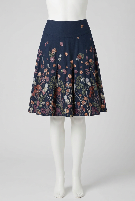 Women's Skirt FatFace Navy Blue Floral Pleated Cotton A-Line Approx. UK 6 Very Good Condition