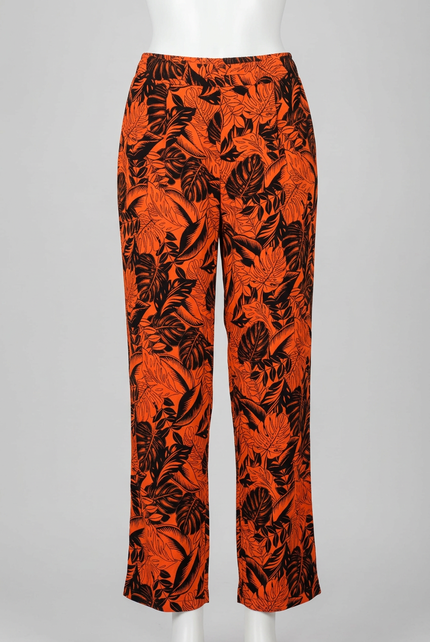 Women's Trousers George Orange Black Tropical Palm Leaf Print Wide Leg Plus Size UK 18 Very Good Condition