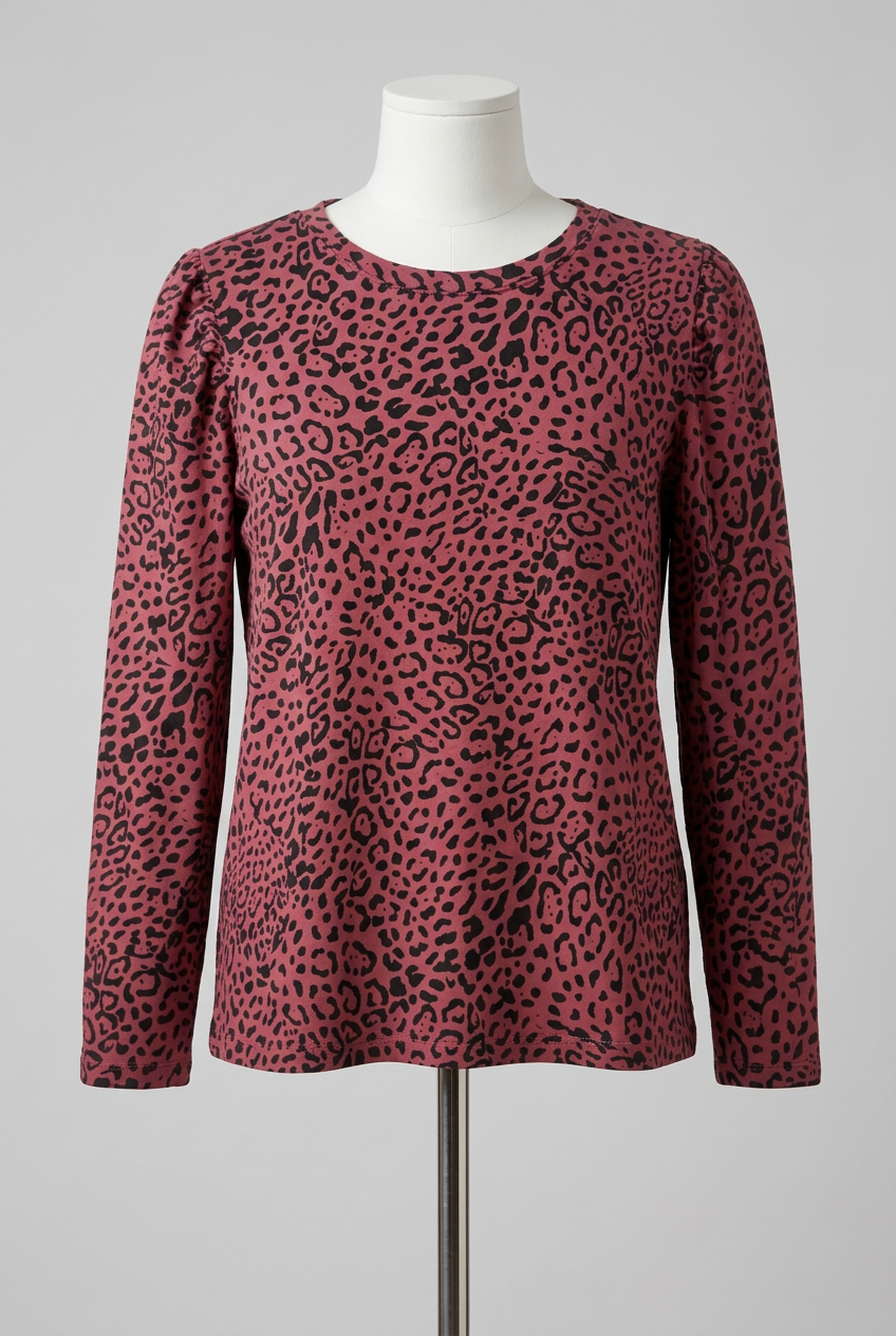 Women's Top hush Burgundy Red & Black Leopard Print Long Sleeve Puff Shoulder Size XL Very Good Condition