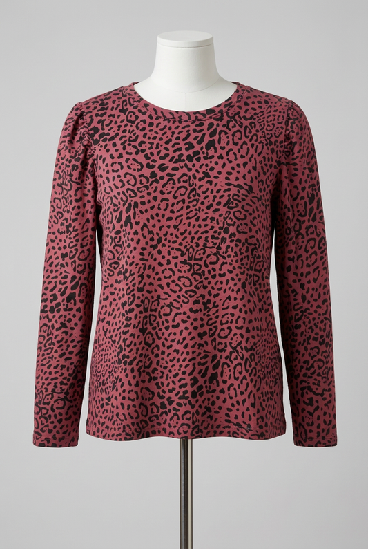 Women's Top hush Burgundy Red & Black Leopard Print Long Sleeve Puff Shoulder Size XL Very Good Condition