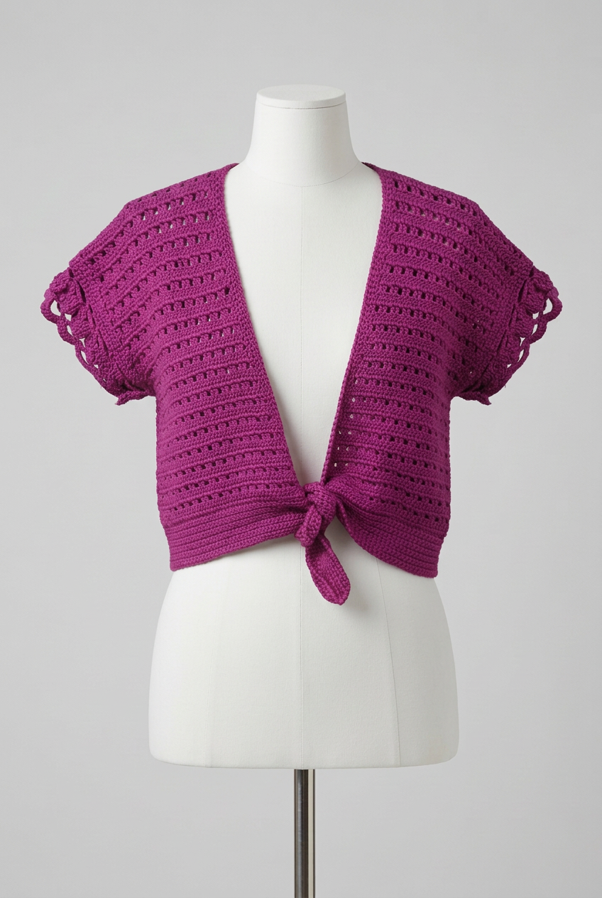 Women's Bolero Magenta Purple Crochet Tie Front Short Sleeve Cropped Estimated Size M/L Very Good Condition