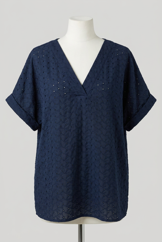 Women's Blouse Unbranded Navy Blue Broderie Anglaise V-Neck Short Sleeve Plus Size Estimated UK 24–26 Very Good Condition