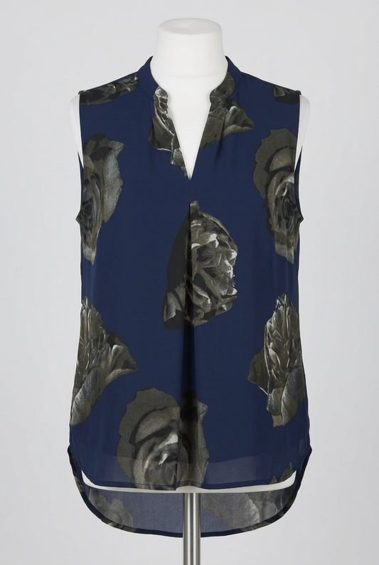 Women's Blouse Vero Moda Navy Blue Grey Rose Floral Sleeveless Split V-Neck Size L Excellent Condition