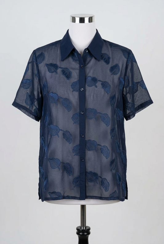 Women's Blouse Clothes Contact Navy Blue Sheer Leaf Pattern Short Sleeve Button Up Plus Size 20