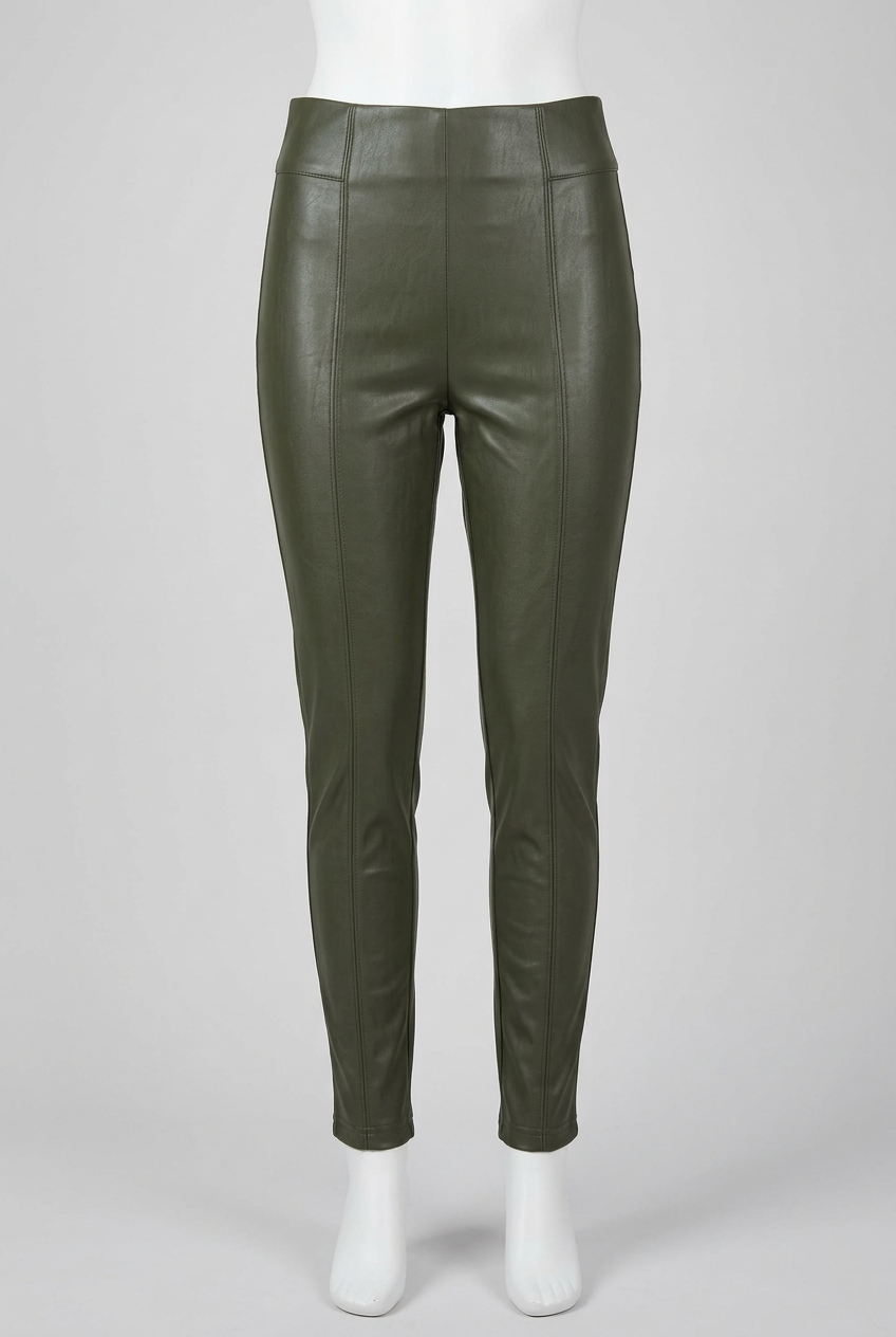 Women's Leggings Trousers M&S Collection Khaki Green Faux Leather Coated Front Seam Size 10 Very Good Condition