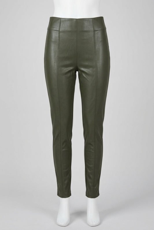 Women's Leggings Trousers M&S Collection Khaki Green Faux Leather Coated Front Seam Size 10 Very Good Condition
