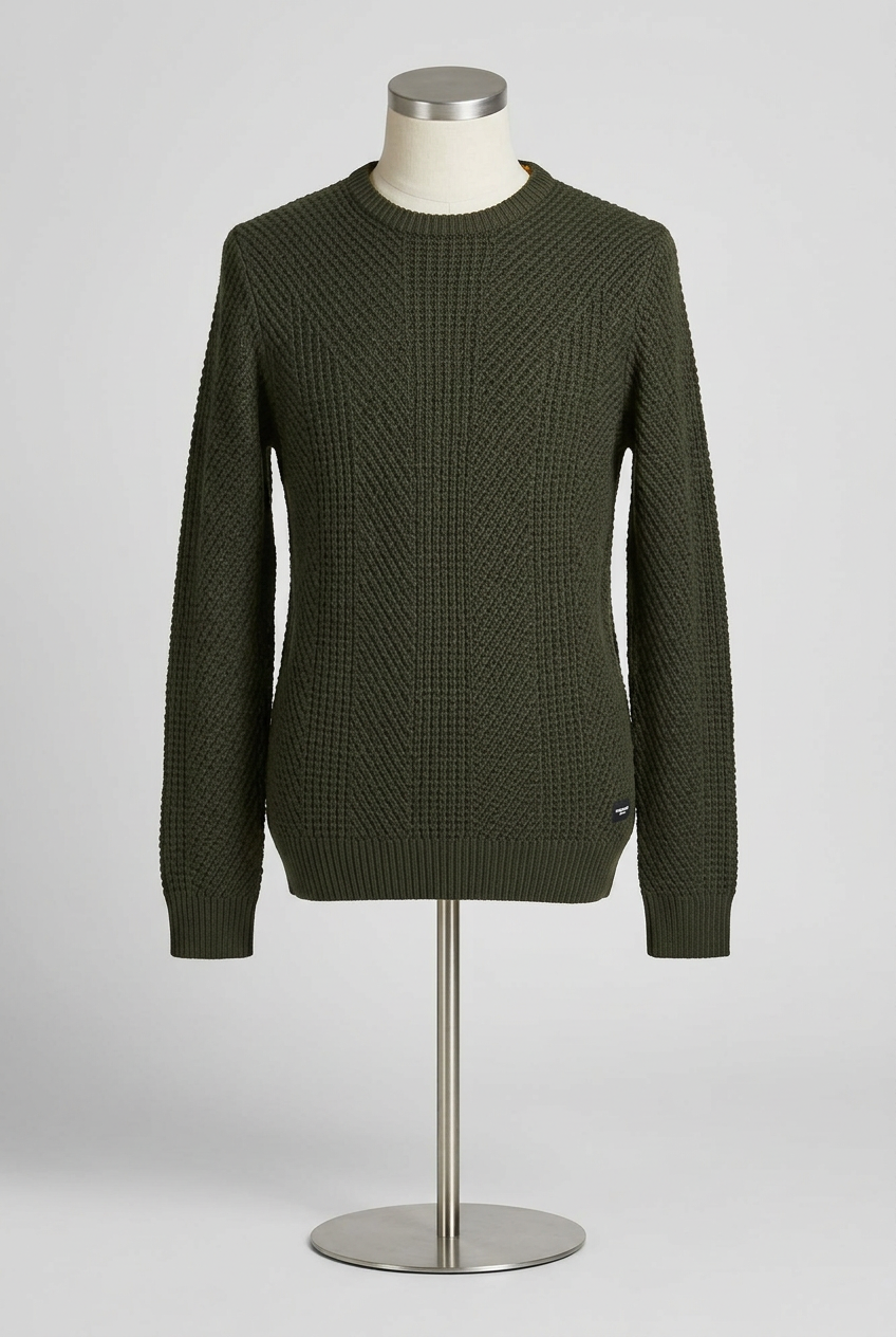 Men's Jumper Jack & Jones Olive Green Textured Knit Crew Neck Size Medium Very Good Condition