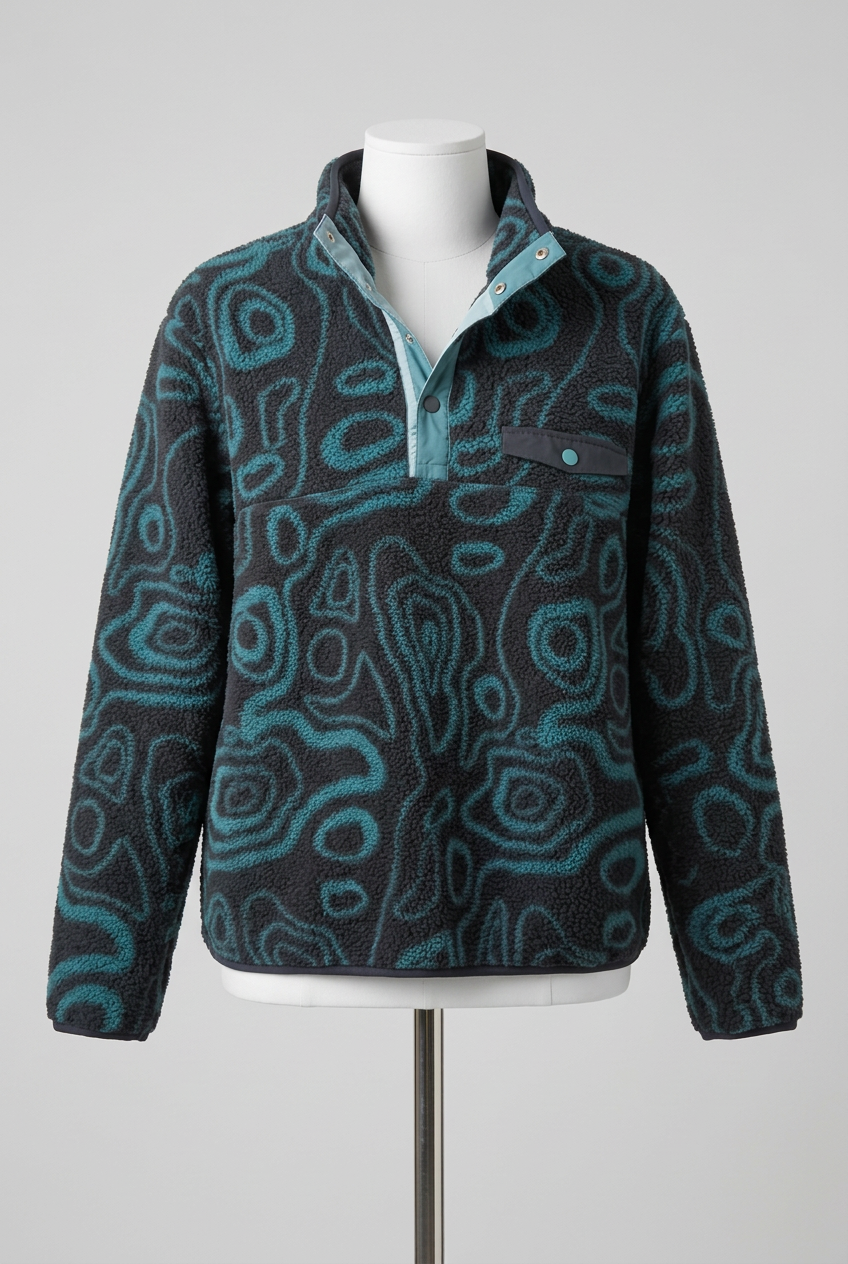 Unisex Fleece Pullover Dunnes Dark Blue & Teal Contour Print Snap-Placket Size M Very Good Condition