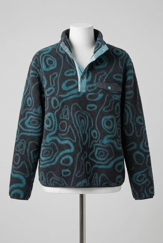 Unisex Fleece Pullover Dunnes Dark Blue & Teal Contour Print Snap-Placket Size M Very Good Condition
