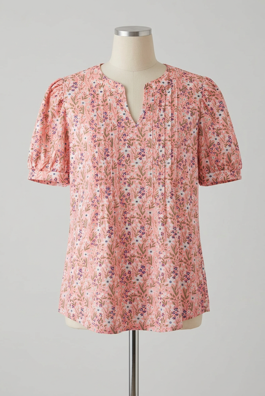 Women's Blouse EFFAN Pink Floral Notched V-Neck Pleated Puff Sleeve Size M Very Good Condition