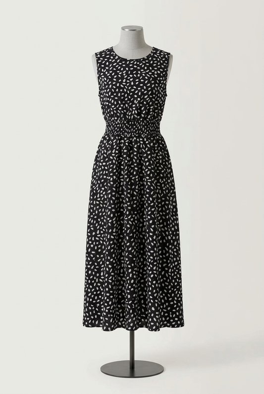 Women's Dress SHEIN Black White Abstract Dash Print Sleeveless Smocked Waist Skater Size M Approx. UK 10 Very Good Condition