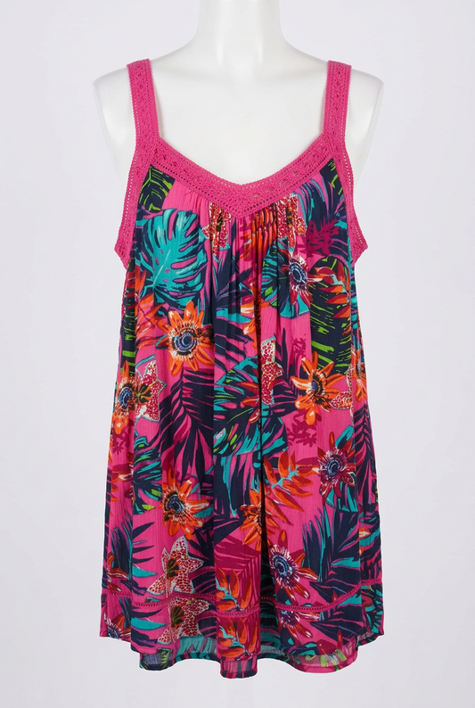 Women's Cami Vest Top George Pink Tropical Floral Print Crochet Trim Size 12 Very Good Condition