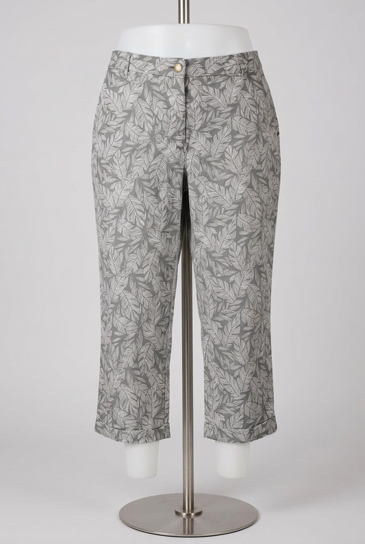 Women's Cropped Trousers Bonmarché Sage Green Leaf Print Turn-Up Plus Size 18 Very Good Condition