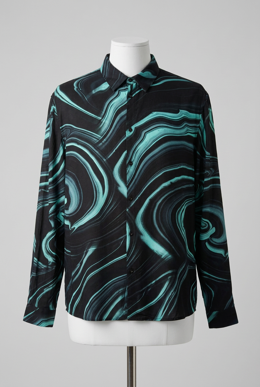 Men's Shirt boohooMAN Teal Green & Black Marble Print Long Sleeve Size XL Very Good Condition
