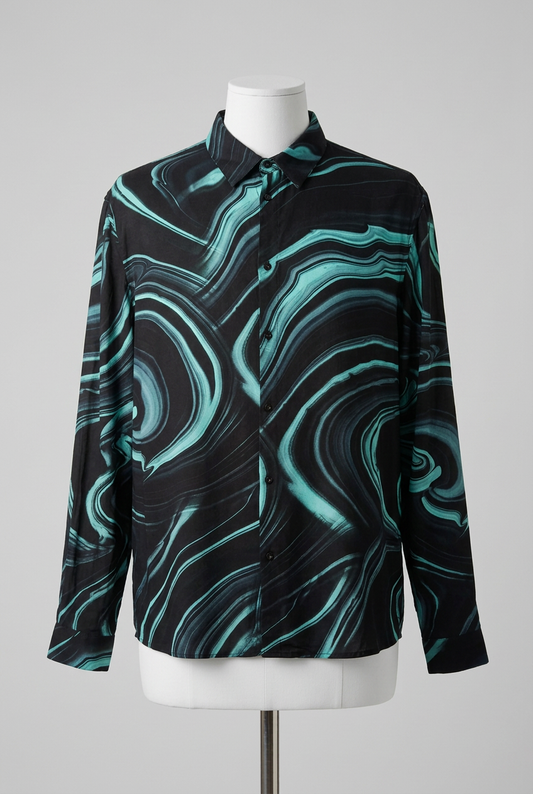 Men's Shirt boohooMAN Teal Green & Black Marble Print Long Sleeve Size XL Very Good Condition