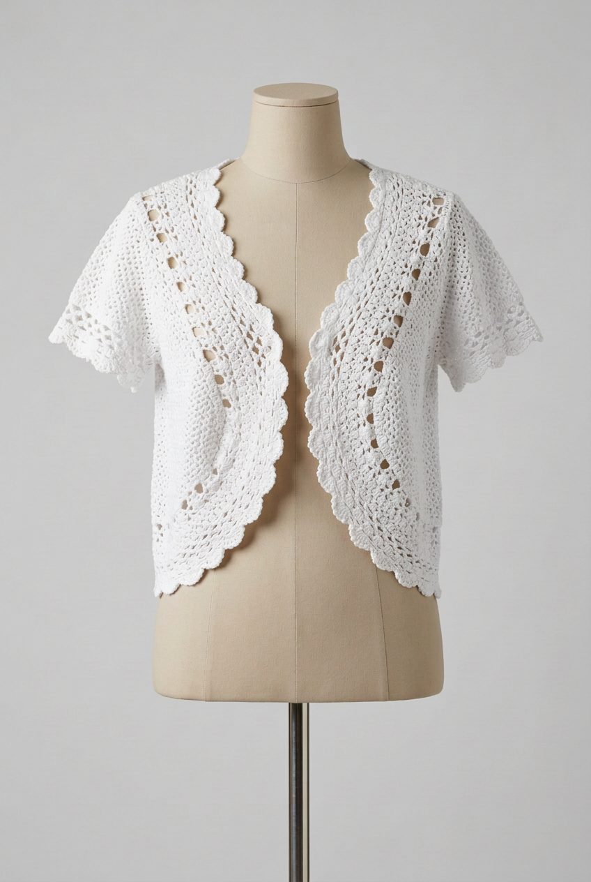 Women's Bolero Cardigan iZ White Cotton Crochet Short Sleeve Size L Very Good Condition