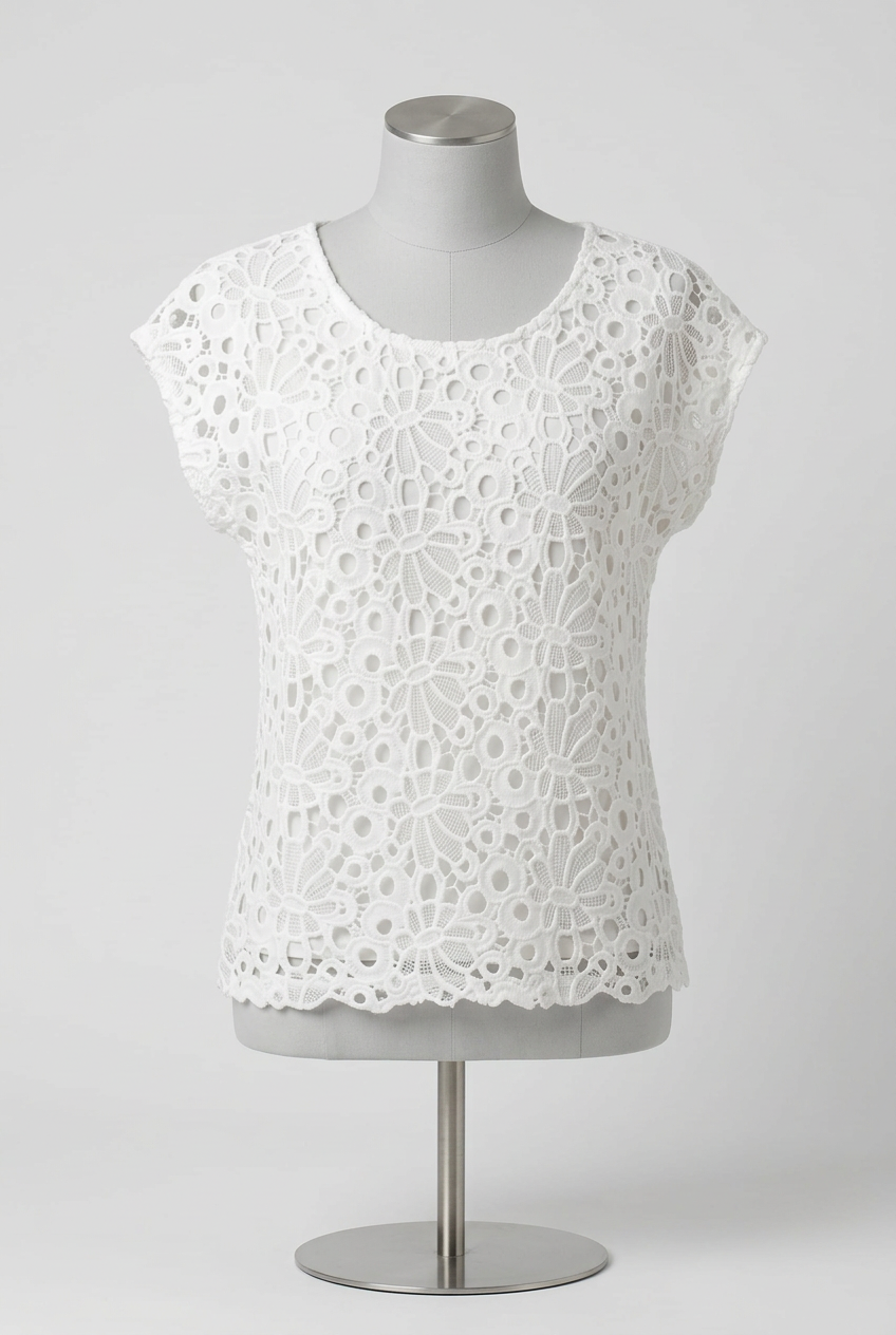 Women's Blouse White Floral Guipure Lace Overlay Scoop Neck Short Sleeve Approx. UK 12 Very Good Condition