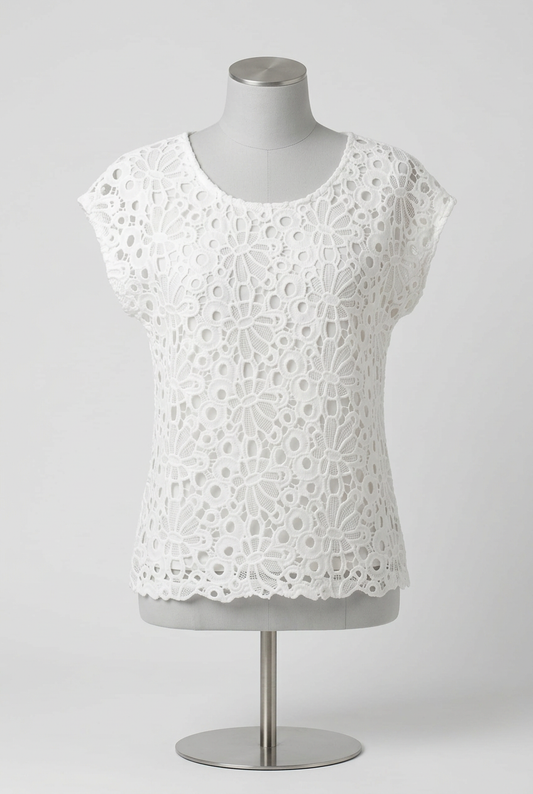 Women's Blouse White Floral Guipure Lace Overlay Scoop Neck Short Sleeve Approx. UK 12 Very Good Condition