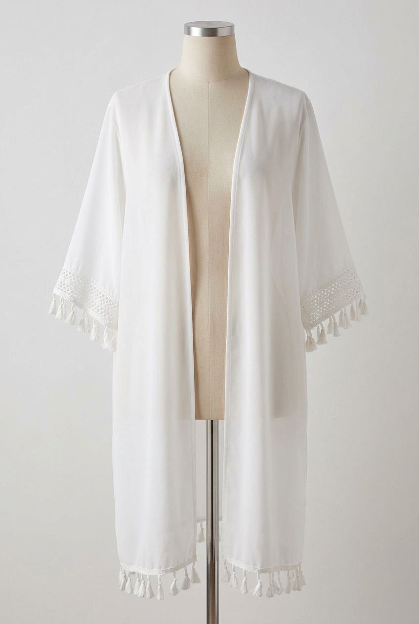 Women's Kimono Cardigan SHEIN White Sheer Tassel Trim Beach Cover-Up Size XL Very Good Condition With Small Mark