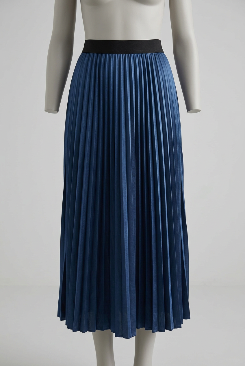 Women's Midi Skirt SHEIN Navy Blue Satin Pleated Elastic Waist Size 1XL Very Good Condition