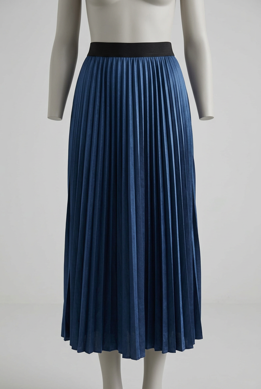 Women's Midi Skirt SHEIN Navy Blue Satin Pleated Elastic Waist Size 1XL Very Good Condition